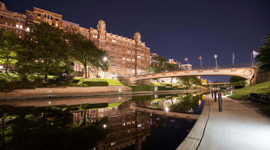 A bridge over Brush Creek in Kansas City at night