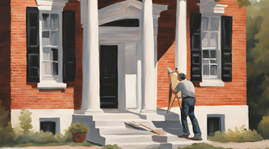 A painting of a painter at work in front of the John Wornall House Museum